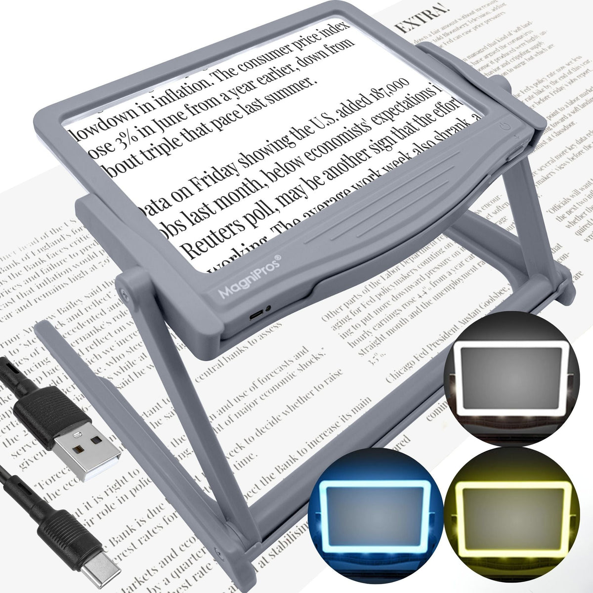 MagniPros 5X rechargeable LED page magnifier with detachable stand in grey