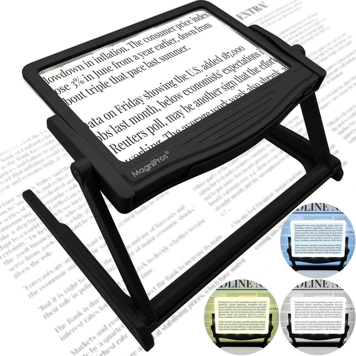 MagniPros 5X LED page magnifier with detachable stand in black