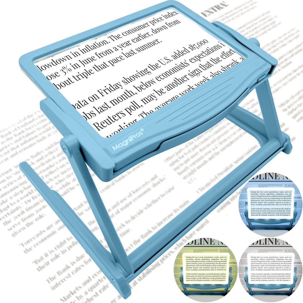 MagniPros 5X LED page magnifier with detachable stand in blue