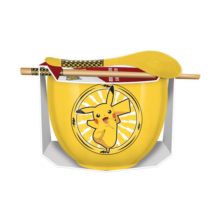 Silver Buffalo Pokémon Pikachu Lightning Ceramic Ramen Bowl with Chopsticks & Spoon, 20 oz