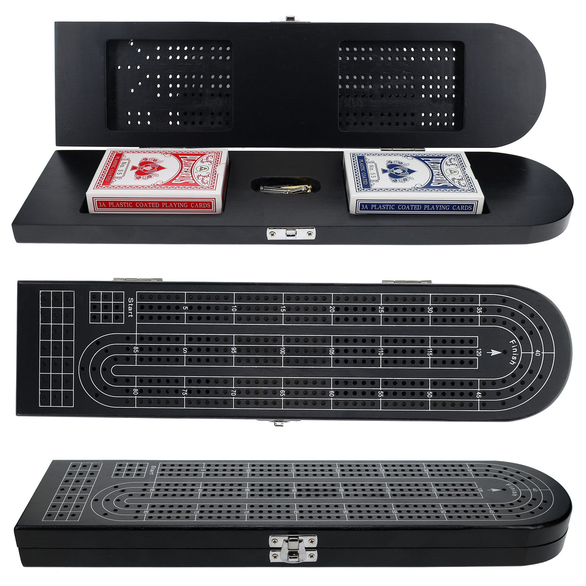 Pacific Shore Games Wooden Cribbage Board Game Set, Continuous 3 Track – Black