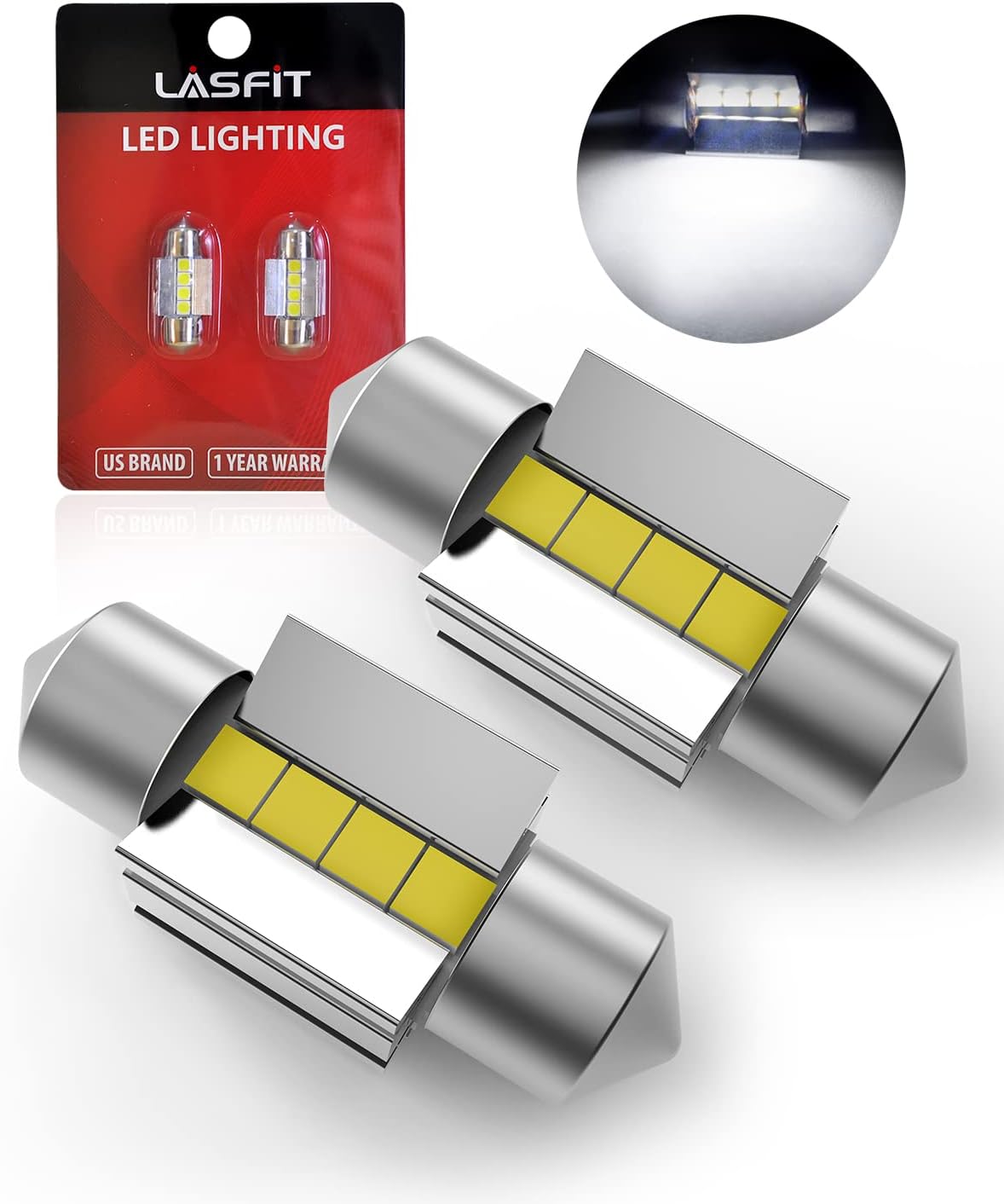LASFIT L-31MM 31 mm Festoon LED Interior Bulbs, White, 2-Pack