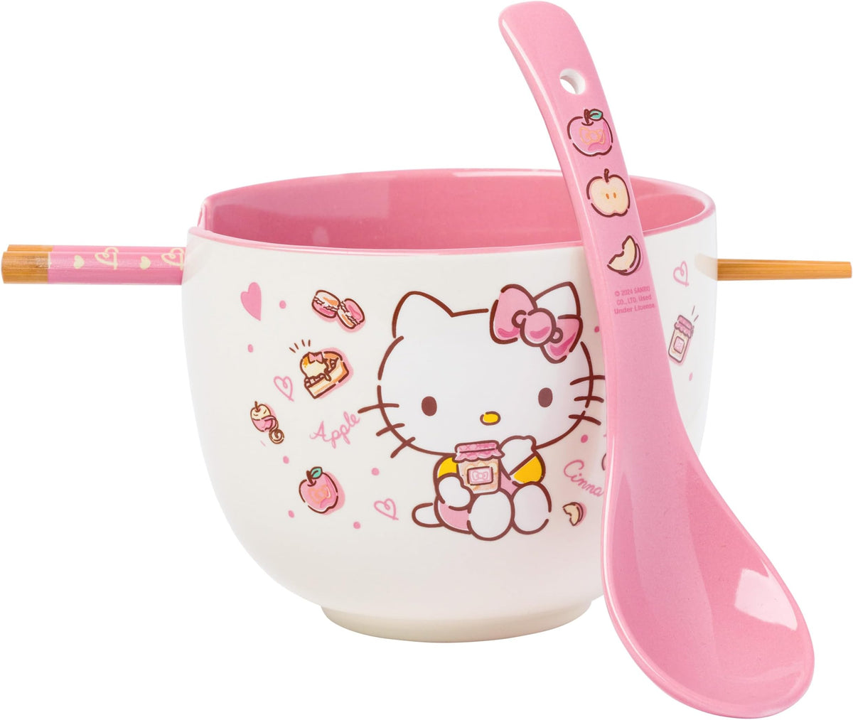 Silver Buffalo Sanrio Hello Kitty Apples & Cinnamon Ceramic Ramen Bowl with Chopsticks & Spoon, 20 oz