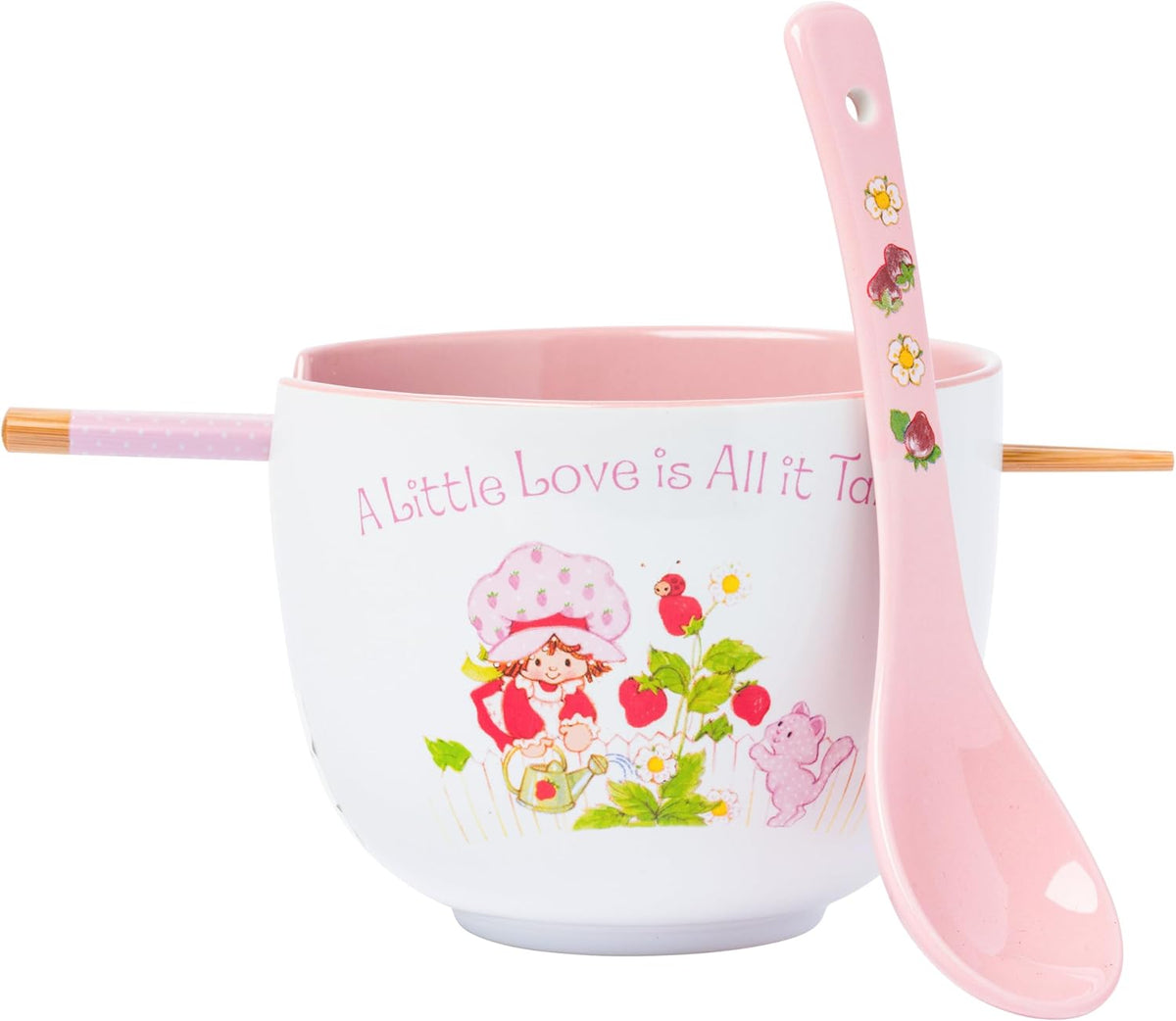 Silver Buffalo Strawberry Shortcake Ceramic Ramen Bowl, Chopsticks, 20 oz