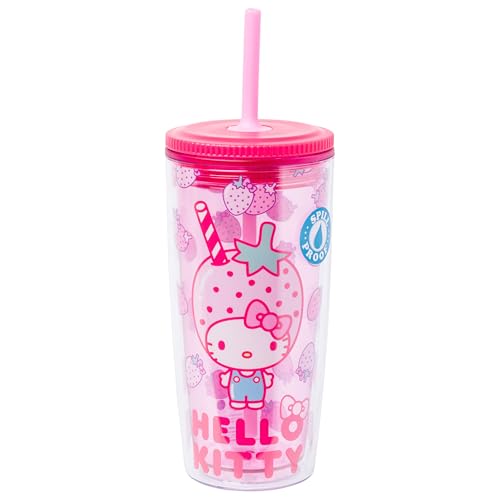 Silver Buffalo Sanrio Hello Kitty Strawberry, Tumbler with Straw, 20 oz