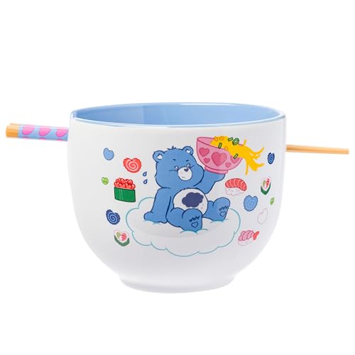 Silver Buffalo Care Bears Grumpy Bear Food & Sushi Ceramic Ramen Bowl with Chopsticks, 20 oz