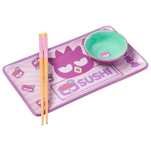 Silver Buffalo Sanrio Hello Kitty & Friends Badtz-Maru Japanese Roe Purple Ceramic Sushi Set
