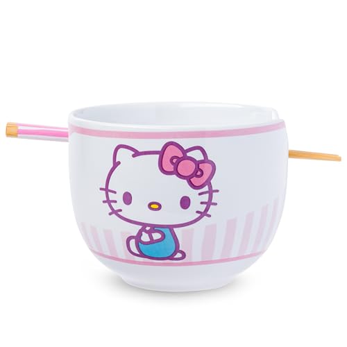Silver Buffalo Sanrio Hello Kitty Pink Stripes Ceramic Ramen Bowl with Chopsticks, 20 oz