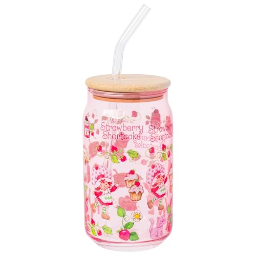 Silver Buffalo Strawberry Shortcake Glass Tumbler with Bamboo Lid, 16 oz