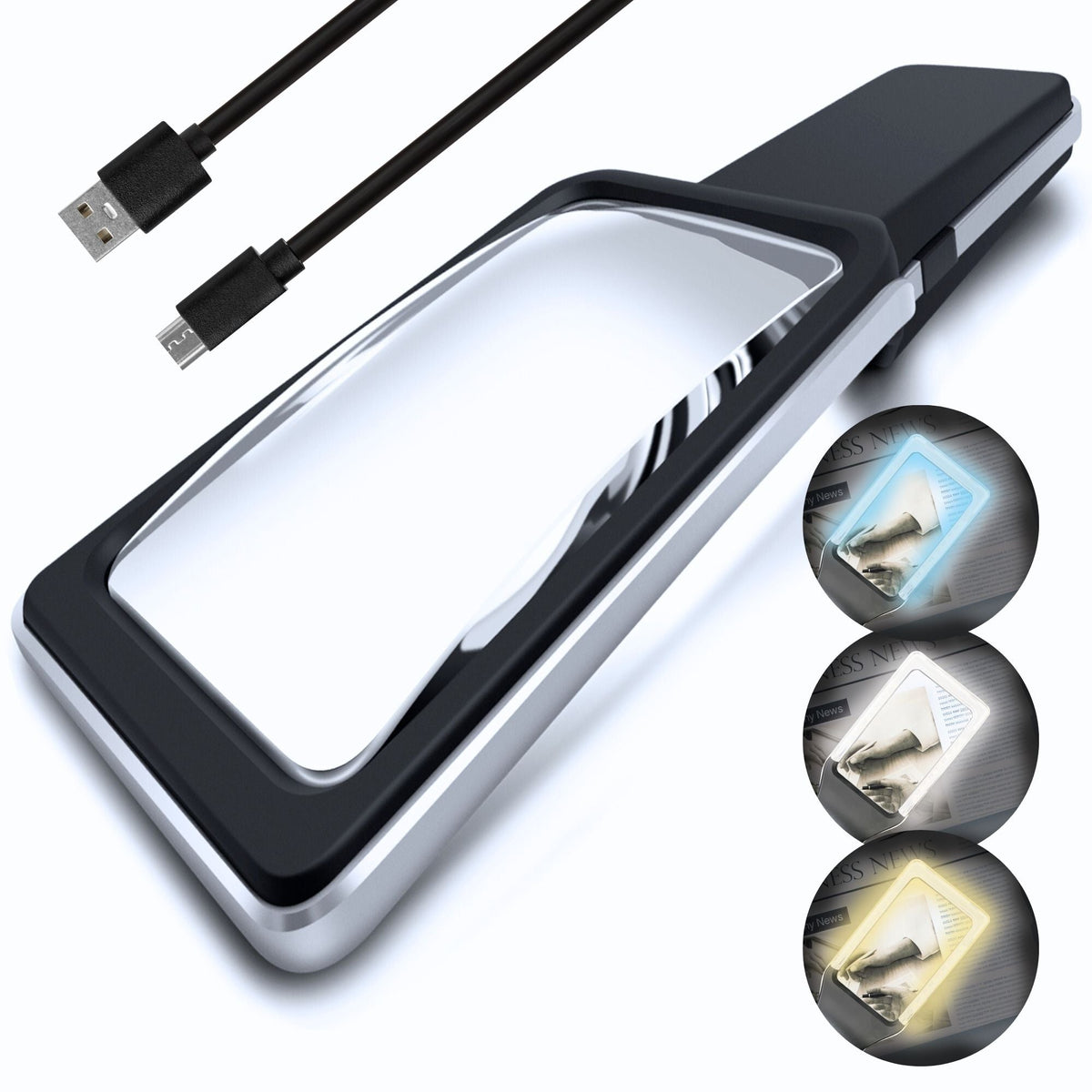 MagniPros rechargeable LED handheld magnifying glass in black