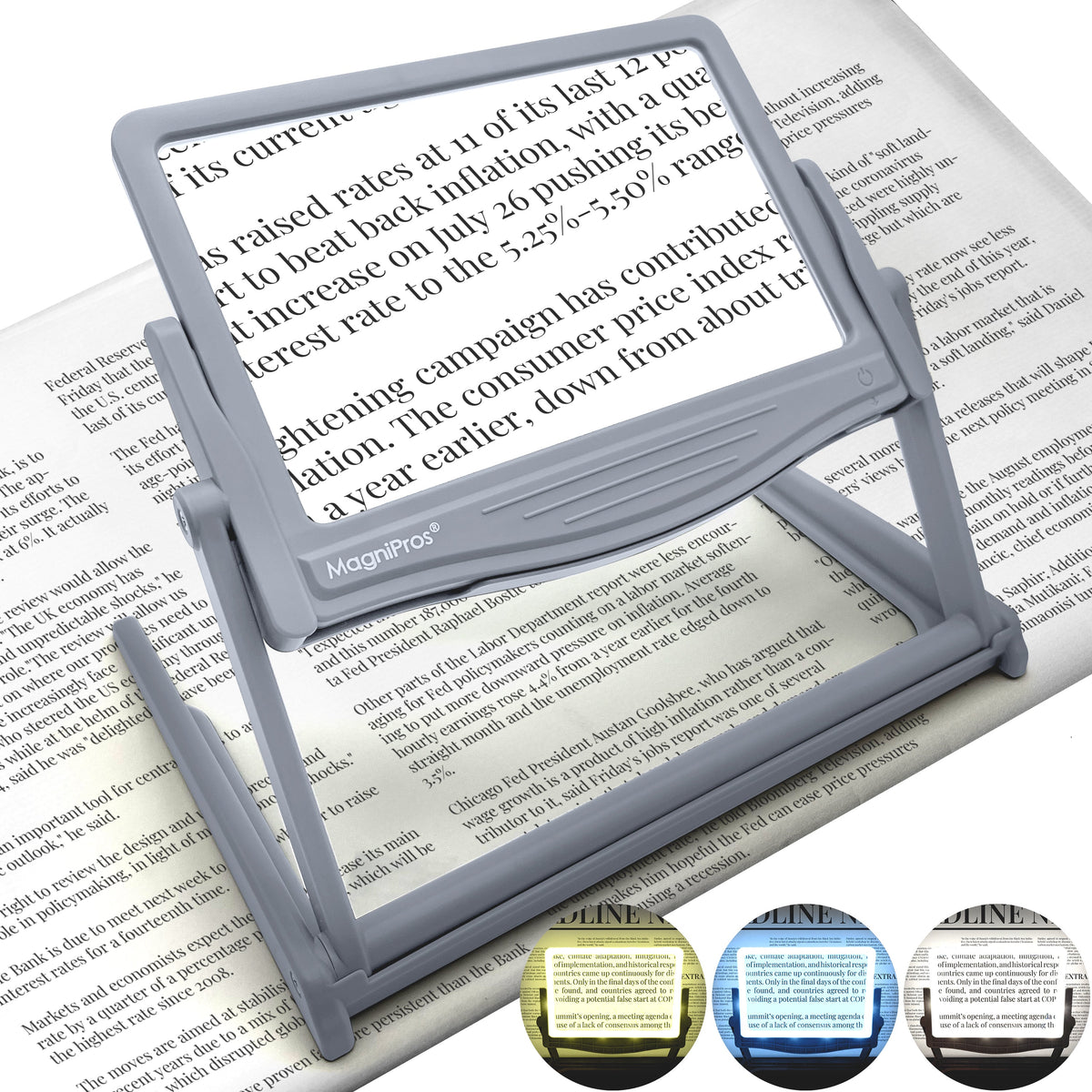MagniPros 5X LED page magnifier with detachable stand in grey