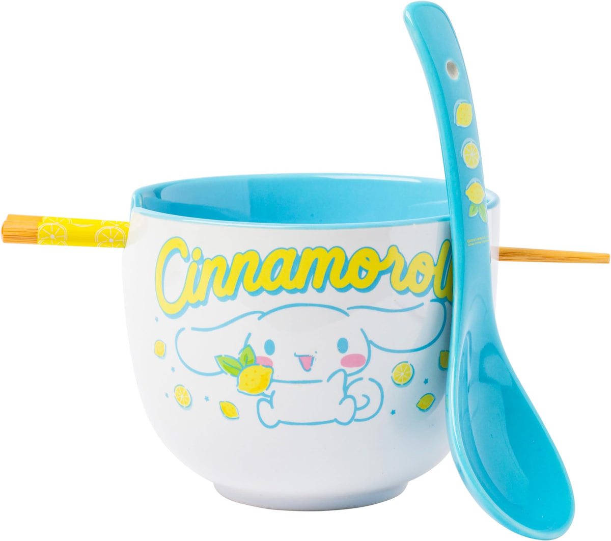 Silver Buffalo Sanrio Cinnamoroll Lemons Ceramic Ramen Bowl with Chopsticks and Spoon, 20 oz