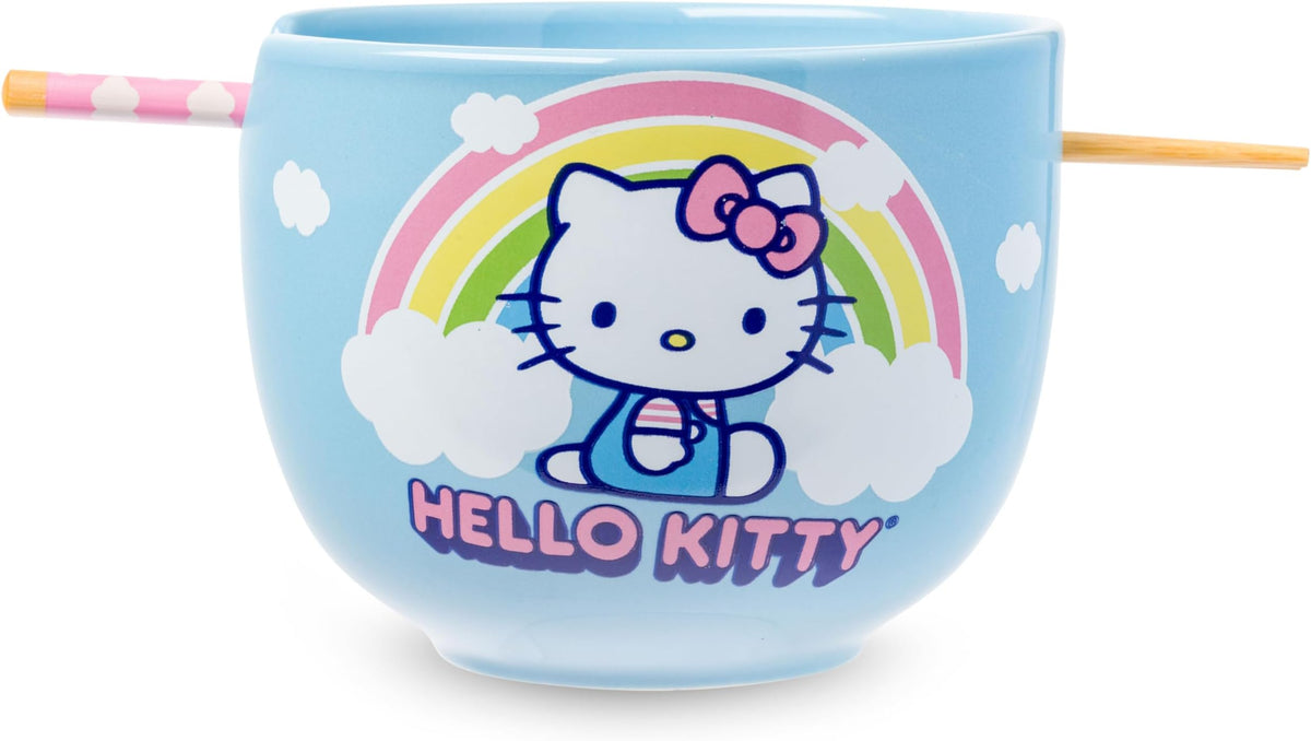 Silver Buffalo Sanrio Hello Kitty Rainbow & Clouds Ceramic Ramen Bowl with Chopsticks, 20 oz