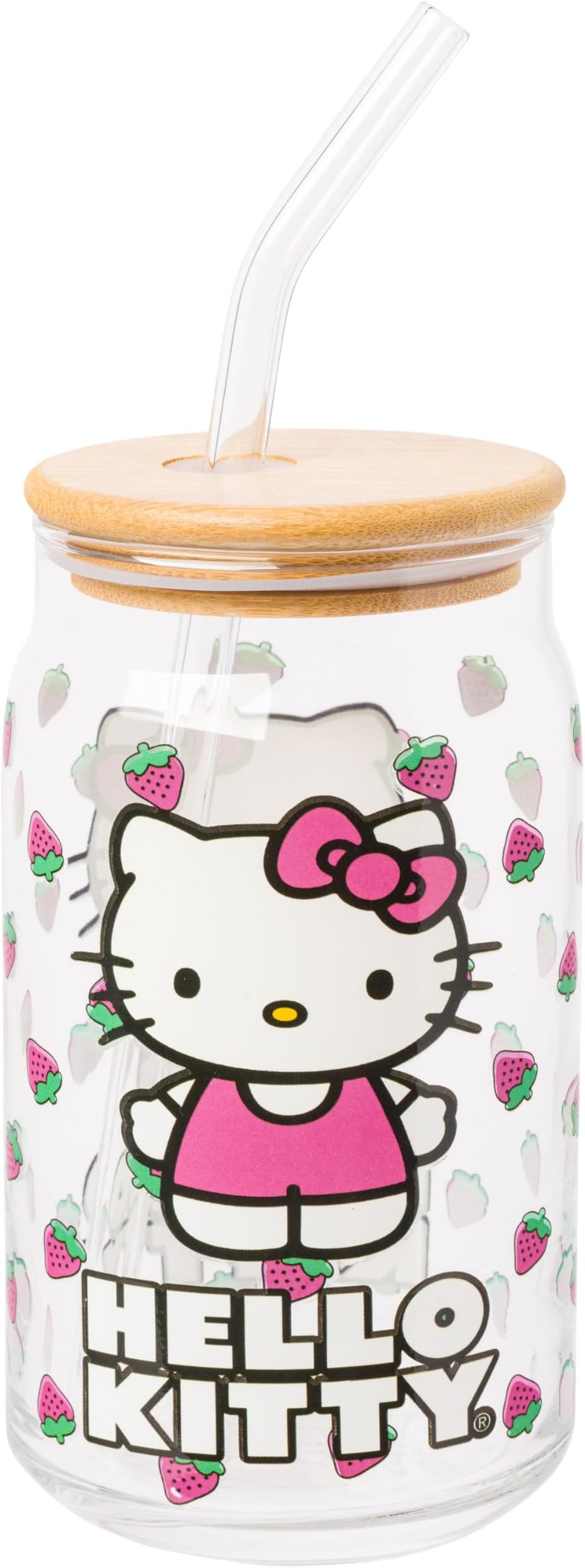 Silver Buffalo Hello Kitty Strawberry Glass Tumbler with Bamboo Lid, 16 oz