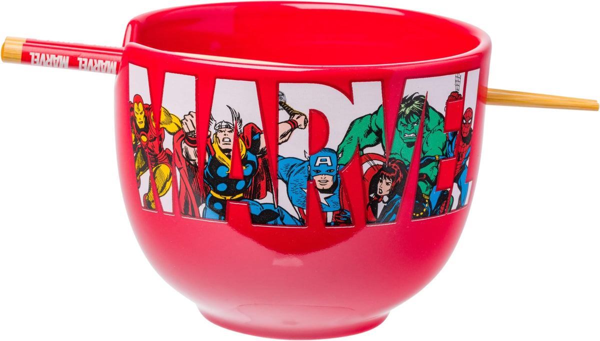 Silver Buffalo Marvel Avengers Retro Ceramic Ramen Bowl with Chopsticks, 20 oz