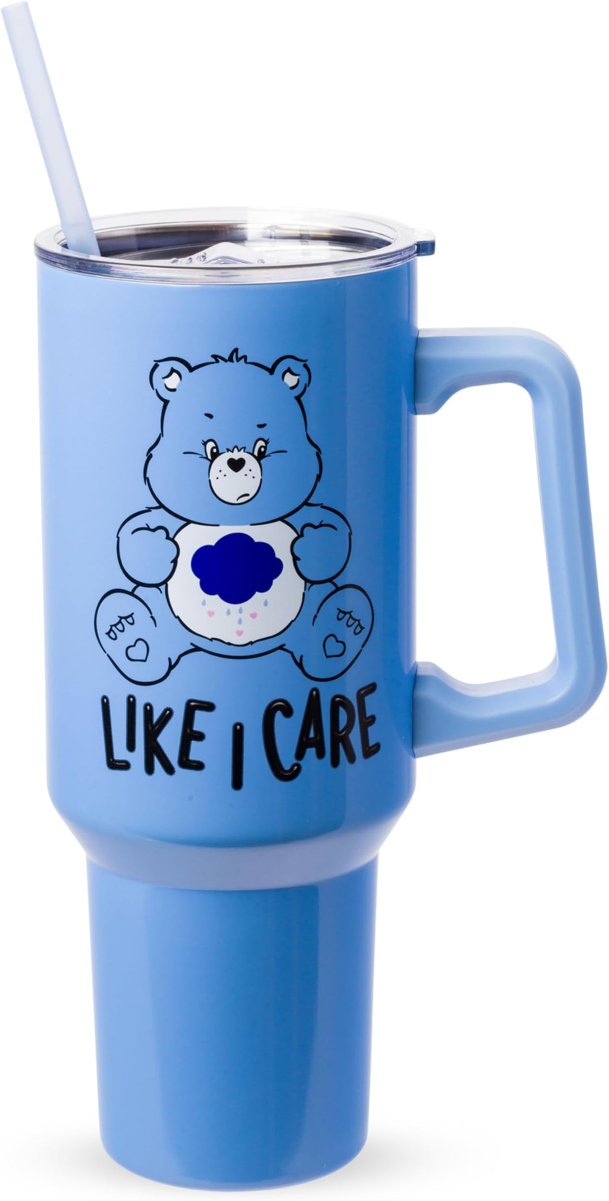 Silver Buffalo Care Bears Grumpy Bear Like I Care Stainless Steel Tumbler with Handle & Straw, 40 oz