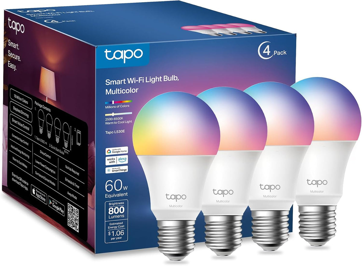 Tapo L530E Multicolor Wi-Fi Smart LED Bulbs, A19 E26, 4-Pack