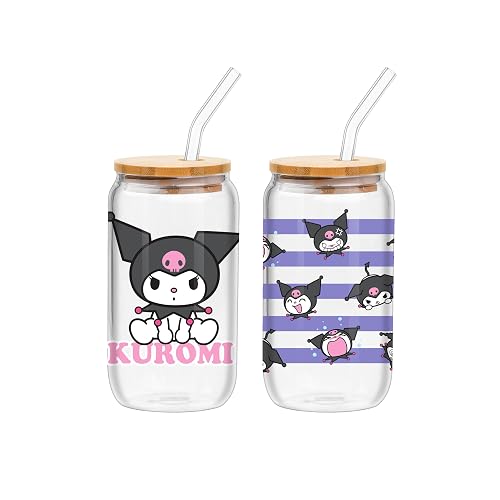 Silver Buffalo Sanrio Hello Kitty & Kuromi Glass Tumbler Set with Bamboo Lids & Straws, 16 oz, 2-Pack