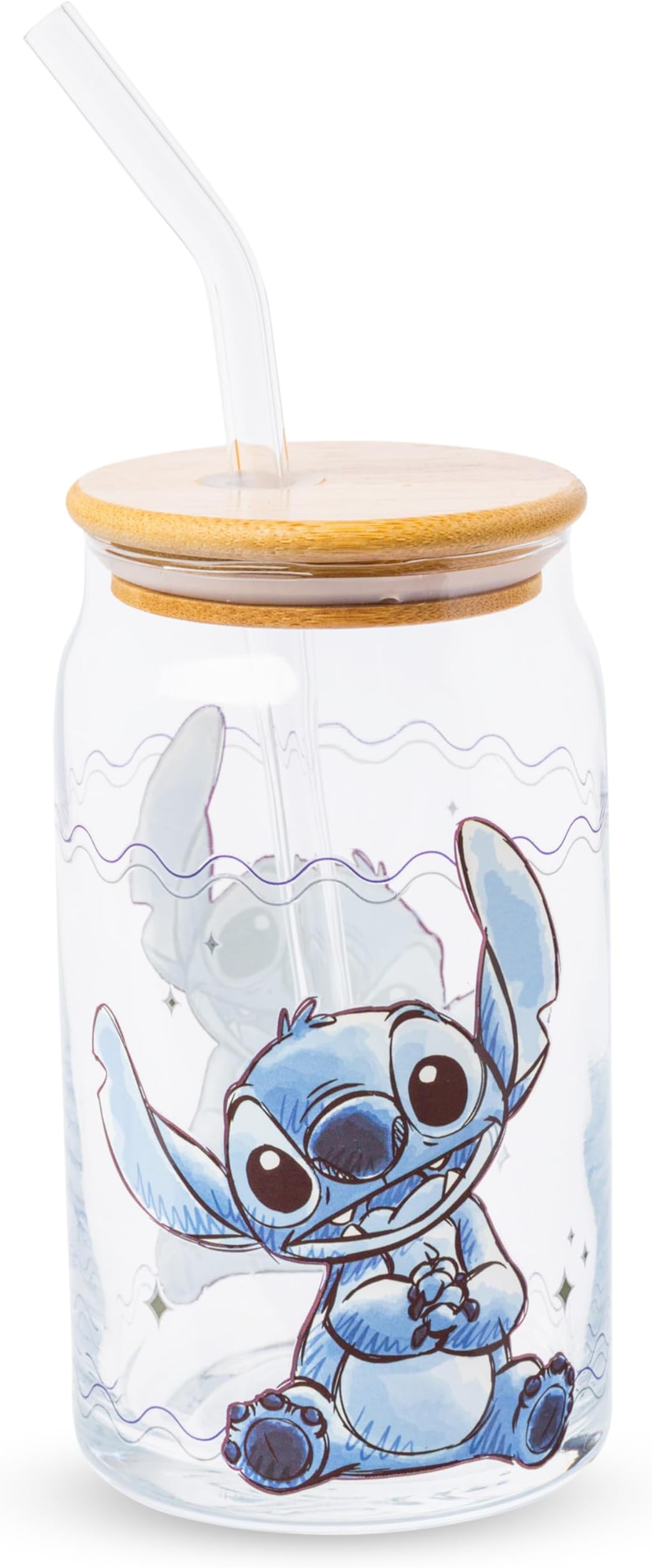 Silver Buffalo Disney Lilo & Stitch Sitting Glass Tumbler with Bamboo Lid & Glass Straw, 16 oz