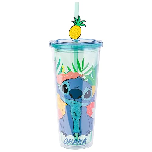 Silver Buffalo Disney Lilo & Stitch Tropical Pineapple Glitter Cold Cup with Straw, 24 oz