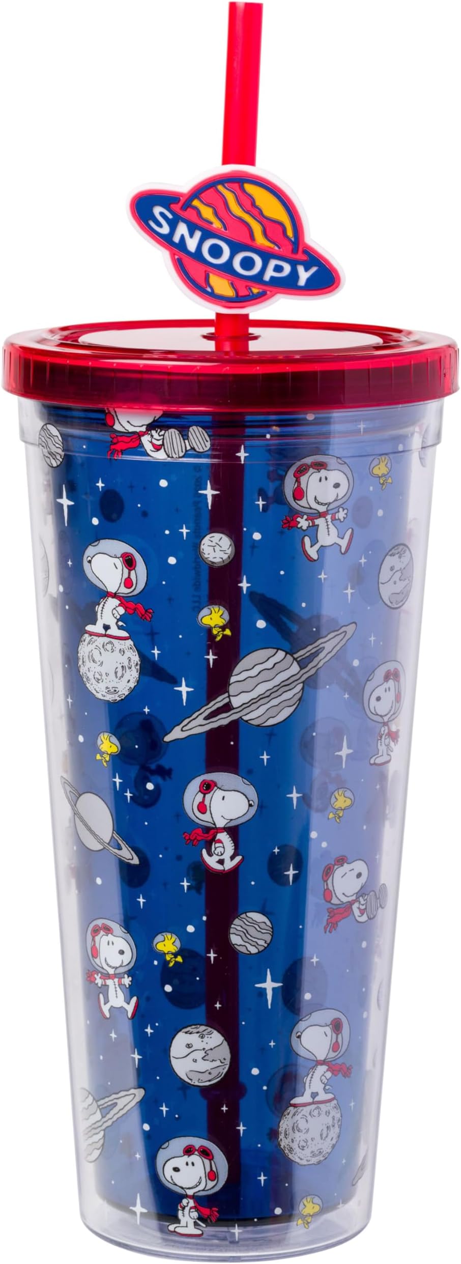 Silver Buffalo Peanuts Snoopy & Woodstock Space Plastic Cold Cup with Lid and Straw, 24 oz