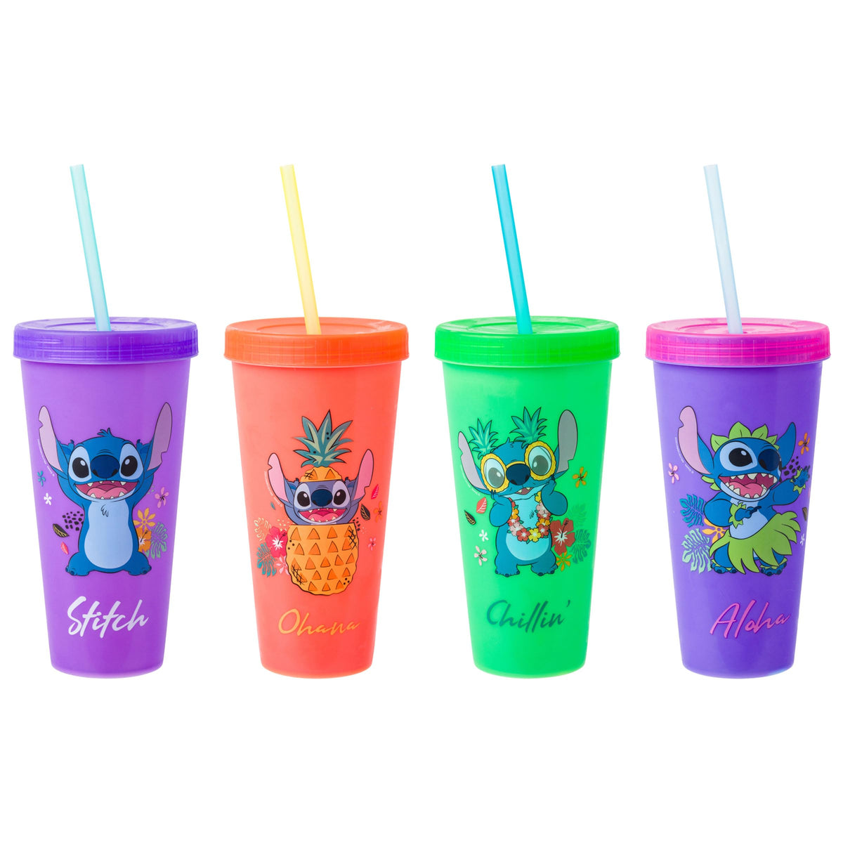 Silver Buffalo Disney Lilo & Stitch Tropical Poses 4-Pack Color Change Plastic Tumbler, 24 oz