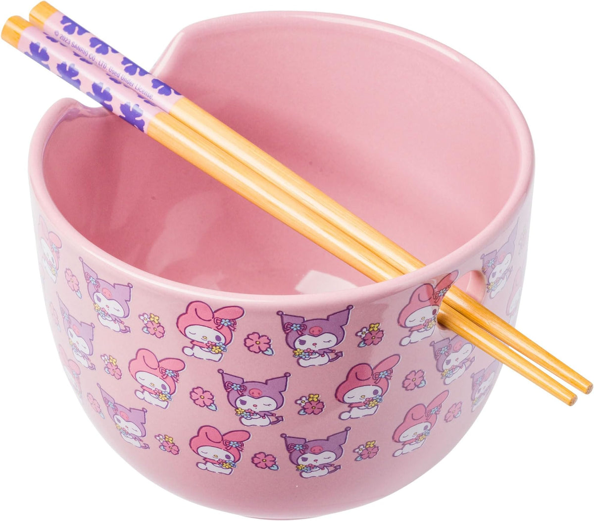 Silver Buffalo Sanrio My Melody & Kuromi Pastel Flowers Ceramic Ramen Bowl with Chopsticks, 20 oz