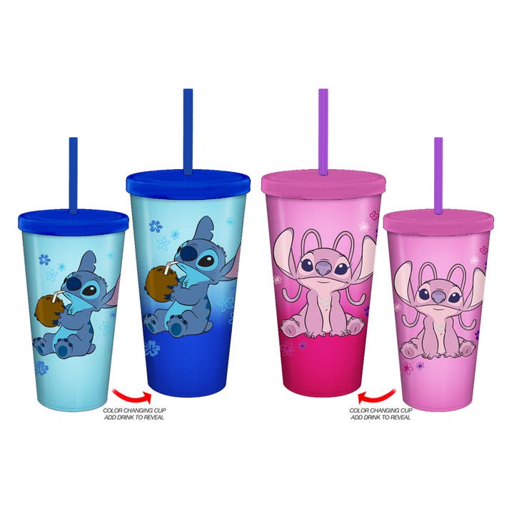 Silver Buffalo Disney Lilo & Stitch Angel Coconut Flowers 2-Pack Color Change Plastic Tumbler, 24-Ounce