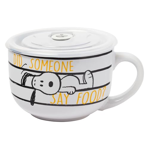 Silver Buffalo Peanuts Snoopy and Woodstock Did Someone Say Food Ceramic Soup Mug with Vented Plastic Lid, 24 oz