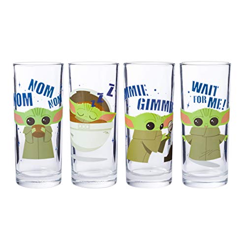 Silver Buffalo Star Wars The Mandalorian The Child Grogu Baby Yoda Gimmie Gimmie Nom Nom 4-Pack Tumbler Glass Set, 10 oz