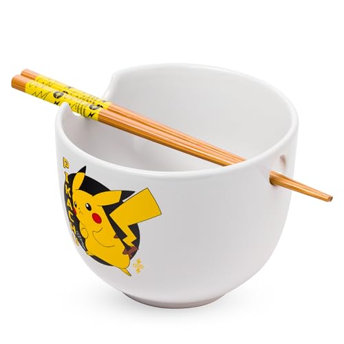 Silver Buffalo Pokémon Pikachu Japanese Text Ceramic Ramen Bowl with Chopsticks, 20 oz