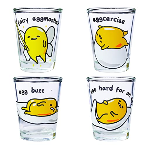 Silver Buffalo Sanrio Hello Kitty Gudetama, 4-Pack Mini Glass Set, 1.5 oz