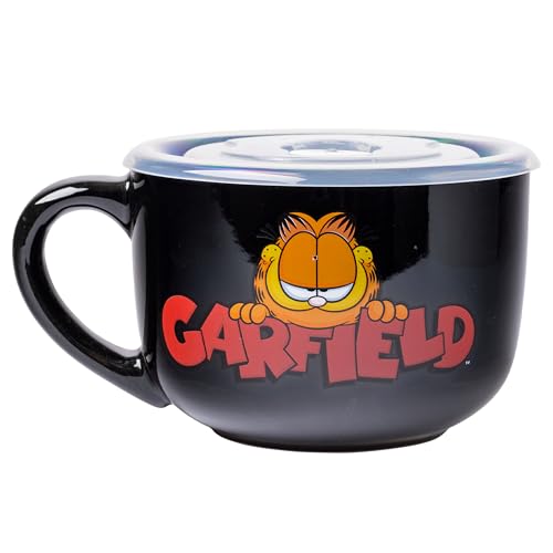 Silver Buffalo Garfield Waving Ceramic Soup Mug with Vented Plastic Lid, 24 oz