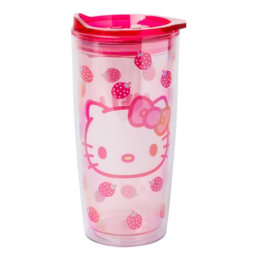 Silver Buffalo Sanrio Hello Kitty Strawberry Double Wall Travel Tumbler with Slide Close Lid, 20 oz