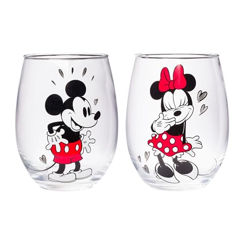 Silver Buffalo Disney Mickey and Minnie Love Halftone Hearts Boxed 2pc Stemless Glass Set, 20 oz