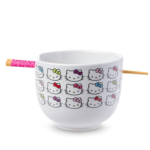 Silver Buffalo Sanrio Hello Kitty Face with Different Color Bows Pattern Ceramic Ramen Bowl with Chopsticks, 20 oz