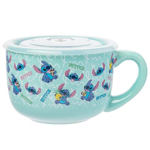 Silver Buffalo Disney Lilo & Stitch Snack and Food Pattern Ceramic Soup Mug with Vented Plastic Lid, 24 oz