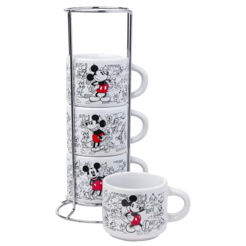Silver Buffalo Disney Mickey Mouse Vintage Sketches Art 4pc Stackable Ceramic Espresso Small Cup Set, 3 oz