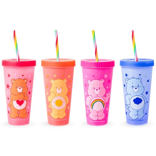 Silver Buffalo Care Bears Hearts and Stars Plastic Color Changing Tumblers with Tumbler Set, 24 oz