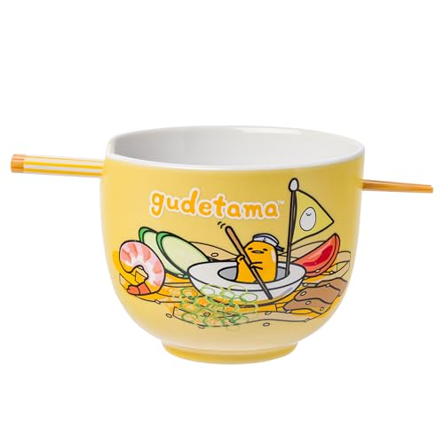 Silver Buffalo Sanrio Hello Kitty & Friends Gudetama Lazy Egg Sailing in Ramen Ceramic Ramen Bowl with Chopsticks, 20 oz