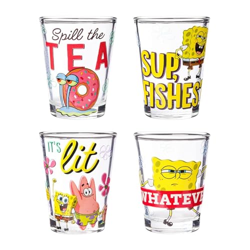 Silver Buffalo Spongebob Modern Quote Set 4pc. Mini Glass Set 4x1, 1.5 oz