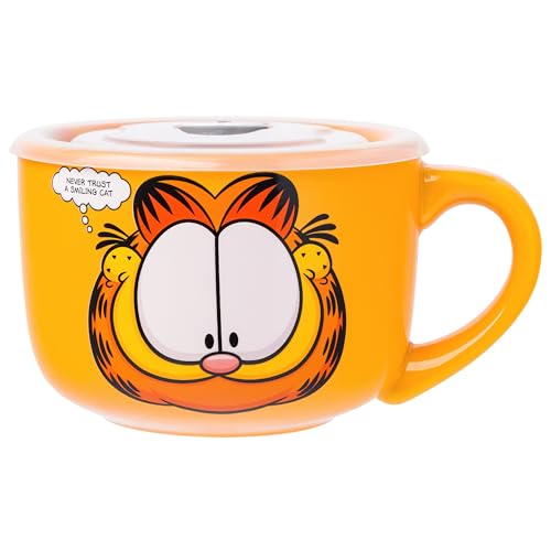 Silver Buffalo Garfield Never Trust a Smiling Cat Ceramic Soup Mug with Vented Lid, 24 oz