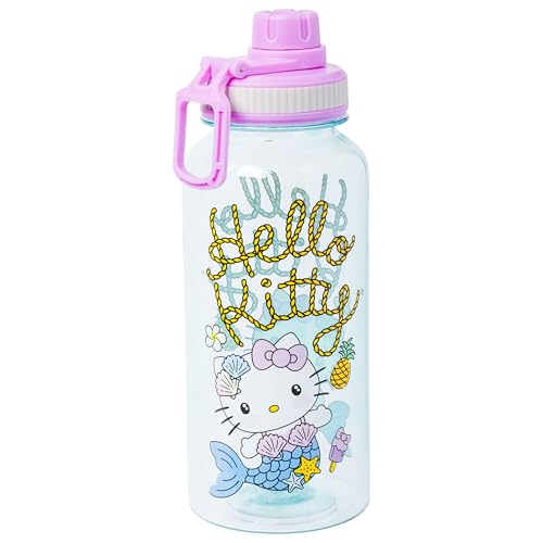 Silver Buffalo Sanrio Hello Kitty Mermaid Twist Spout Plastic Bottle with Sticker Set, 32 oz