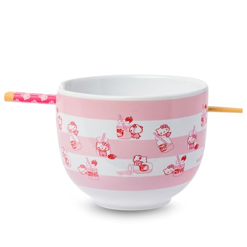 Silver Buffalo Sanrio Hello Kitty Strawberry Milk Pattern Ceramic Ramen Bowl with Chopsticks, 20 oz