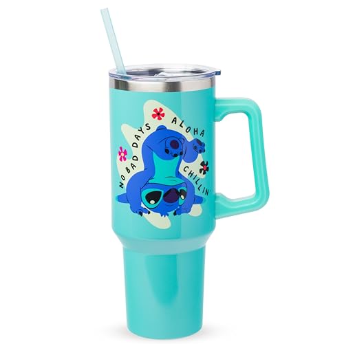 Silver Buffalo Disney Lilo & Stitch Aloha No Bad Days Chillin’ Stainless Steel Tumbler with Handle and Straw, 40 oz