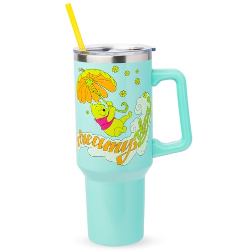 Silver Buffalo Disney Winnie the Pooh “Dreamy Days” Retro Art Stainless Steel Tumbler with Handle and Straw, 40 oz