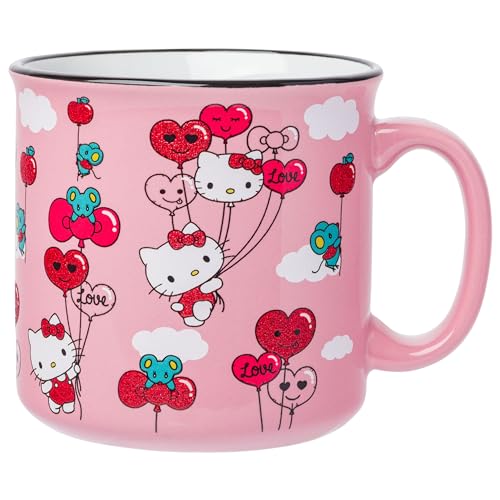 Silver Buffalo Sanrio Hello Kitty Red and Pink Heart, Bow, and Apple Balloons Glitter Ceramic Camper Mug, 20 oz