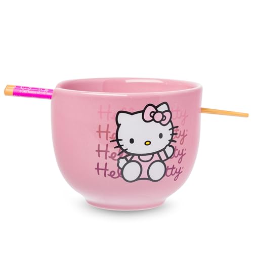 Silver Buffalo Sanrio Hello Kitty Waving Pink Ceramic Ramen Bowl with Chopsticks, 20 oz