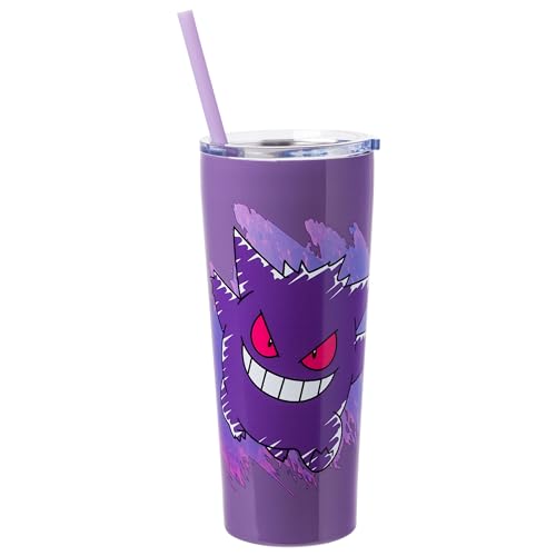 Silver Buffalo Pokémon Gengar Double-Walled Stainless Steel Purple Tumbler with Lid and Reusable Straw, 22 oz