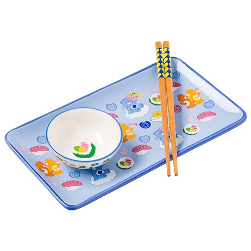 Silver Buffalo Care Bears Featuring Grumpy, Tenderheart, and Friend Bear Ramen Blue Sushi Set